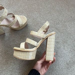 Platform Block Heel Sandals in Cream Croc-Embossed Leather